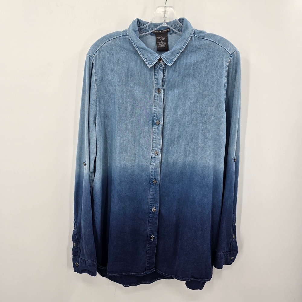 Chelsea &‎ Theodore Ombre Dip Dye Tencel Denim Shirt Blue Long Sleeve Womens L